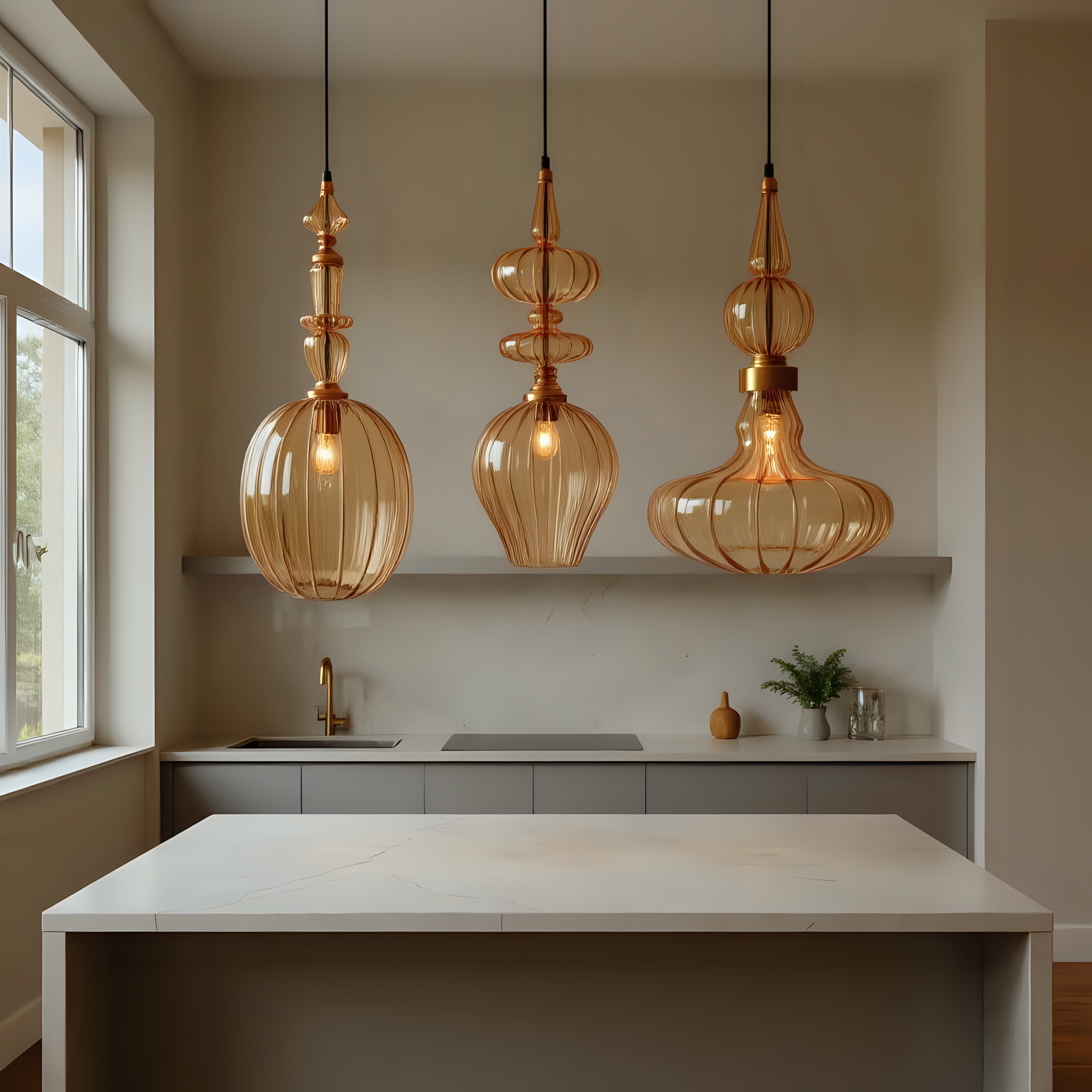 Amber Blown Glass Pendant Light Set Handmade